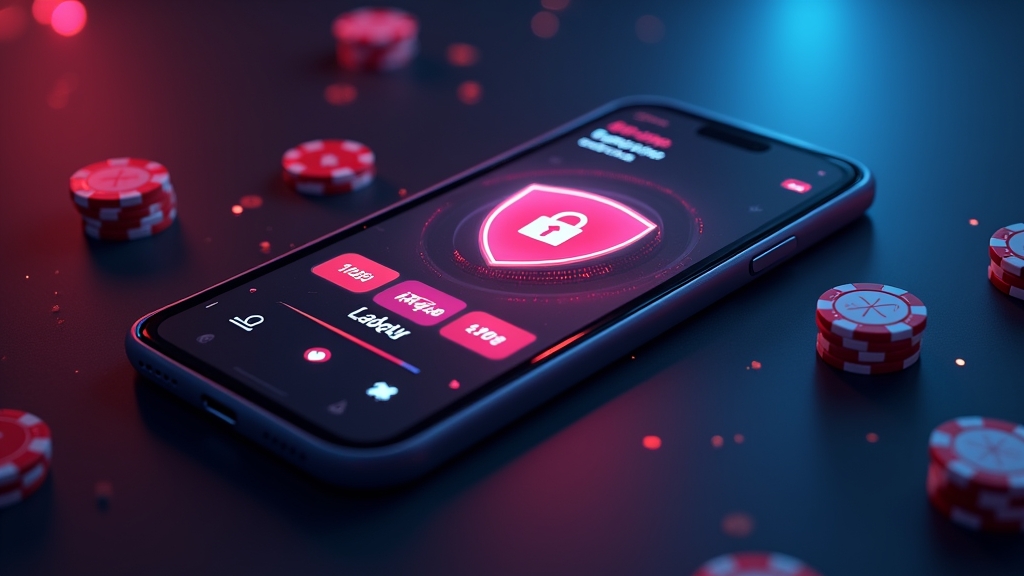 Smartphone showing compatibility and security icons in a casino-themed setting