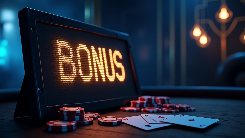 Glowing casino bonus code display in a dark promotional scene