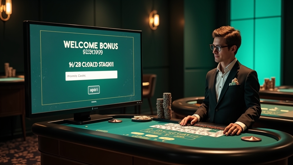 Casino welcome bonus screen for new players in a dark setting