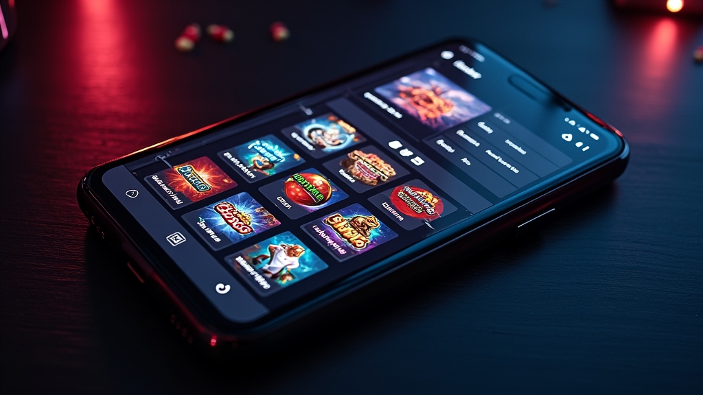 Mobile casino lobby with game tiles and navigation icons on a smartphone